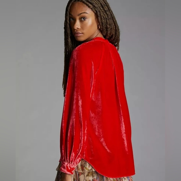 Anthropologie Pilcro Puff-Sleeved Velvet Buttondown Red/Rouge Size Medium - Picture 4 of 12